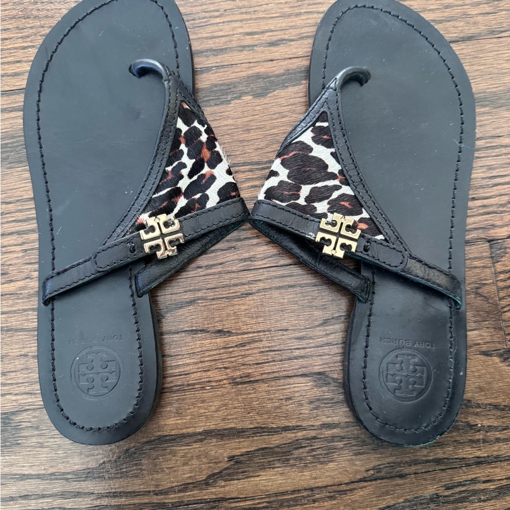 Tory Burch Eloise Black Leather Leopard Flip Flop Sandals